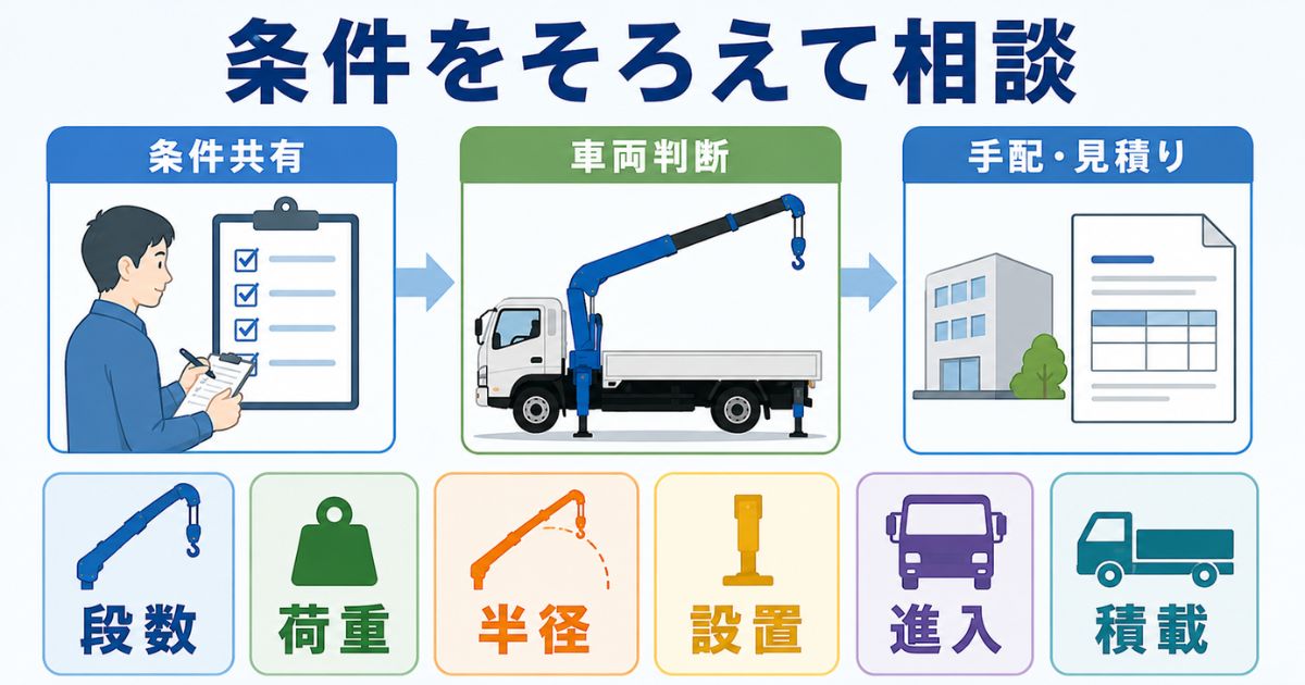 4tユニックの手配時に段数・荷重・半径・設置・進入・積載を伝える条件整理図解