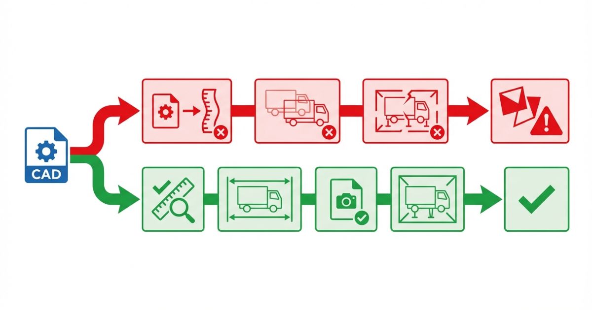 4tユニックのCADで起きる失敗分岐と縮尺崩れや仕様差やアウトリガー想定漏れのリスク回避を示す図解