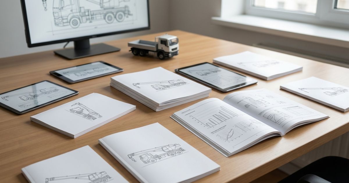 4tユニックのメーカー別カタログを並べて比較検討しているイメージ写真