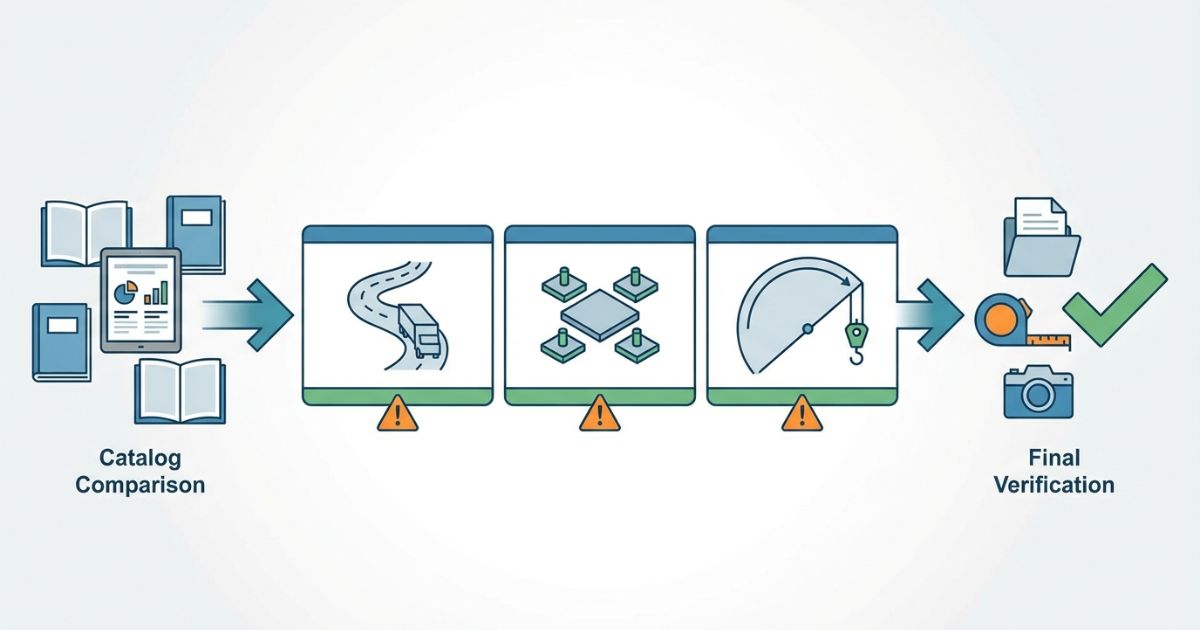 4tユニックはカタログで比較し最終は当該車両資料と現場実測で照合して確定する判断軸の図解