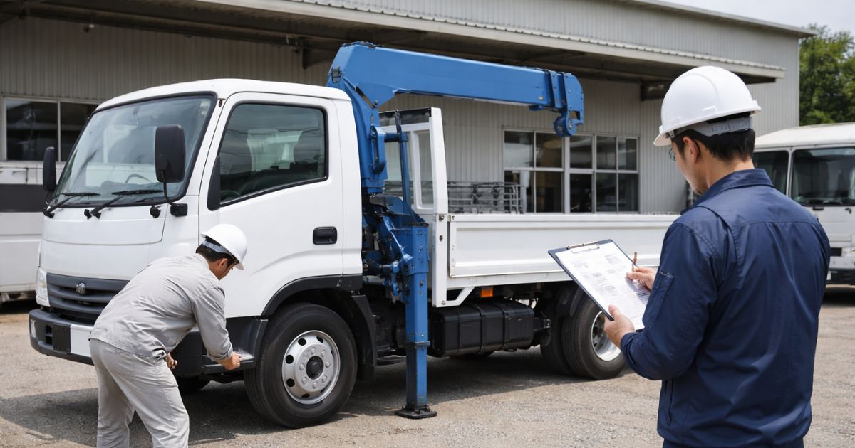 中古4tユニックの現車確認をしている実務現場のイメージ