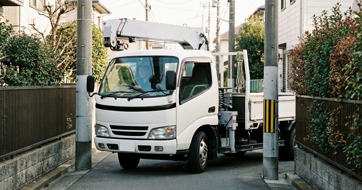 4tユニックが狭い道路や敷地入口で幅の余裕を確認しながら慎重に進入しているイメージ写真