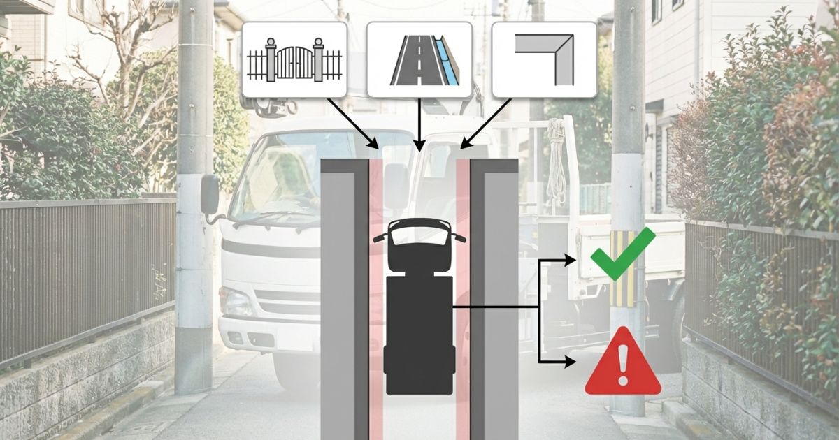  4tユニックの幅は実車の最大張り出しと現場経路構内動線の最狭部を同じ基準でマージン照合して決める図解
