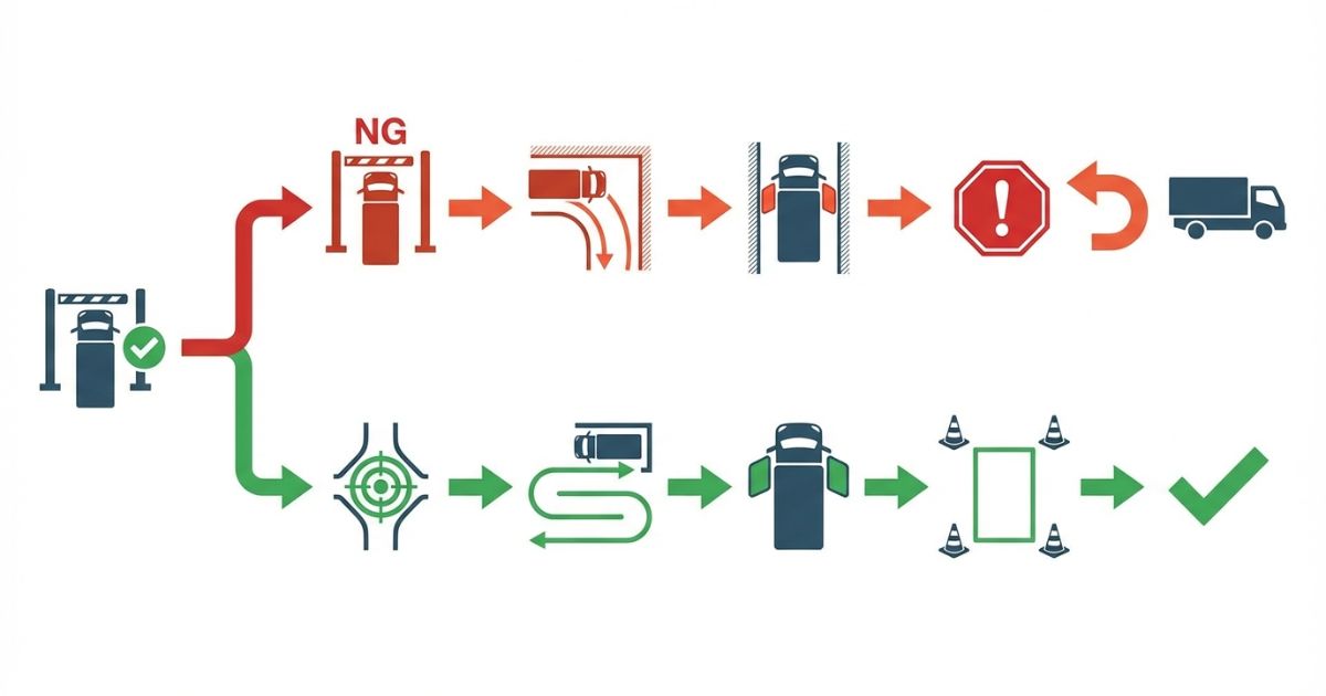 4tユニックで入口幅だけ見て進めると構内コーナーや離合不可で停止し再手配になる失敗分岐の図解