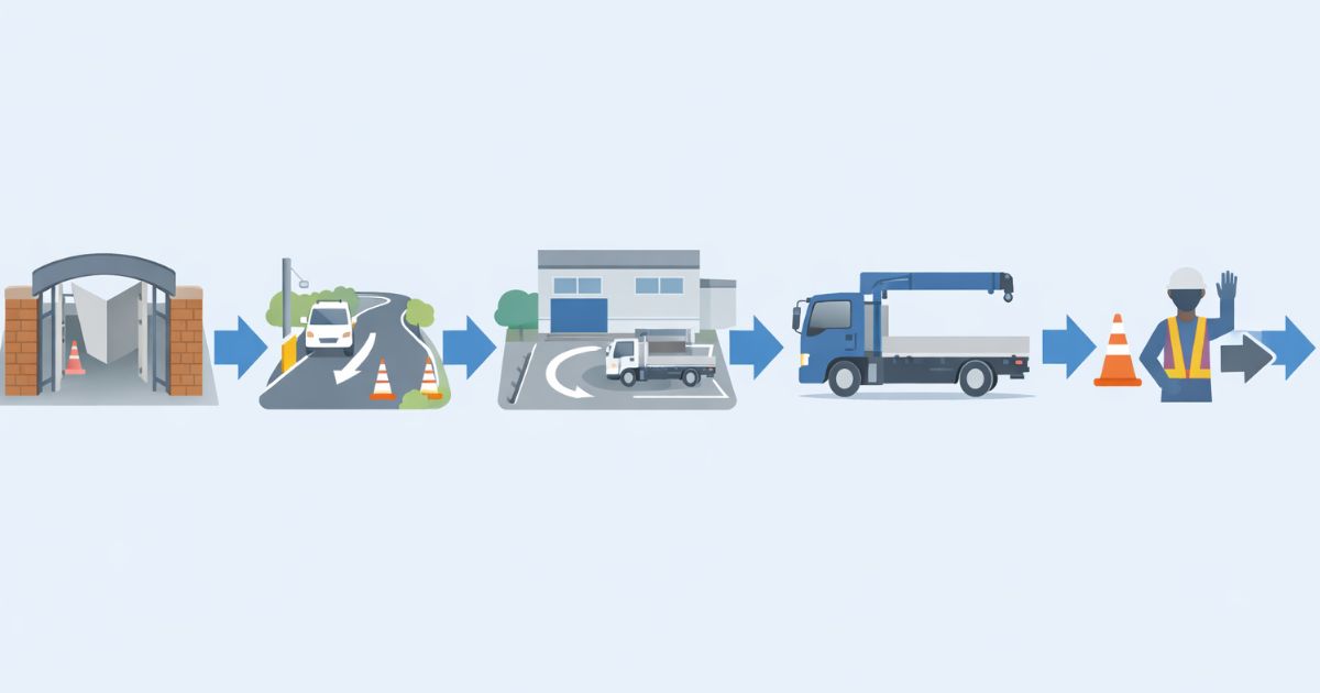 4tユニックの幅確認を最狭部から順に進める判断フロー図