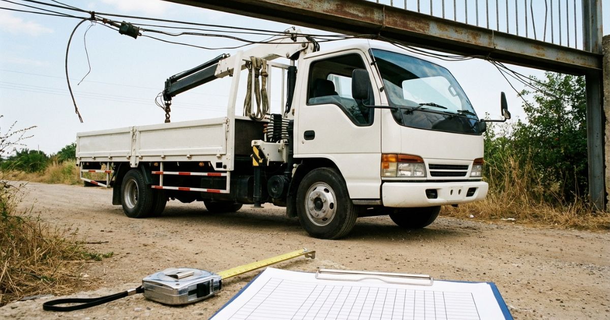 4tユニックがゲートや高架の手前で上空クリアランスを確認して進入判断しているイメージ写真