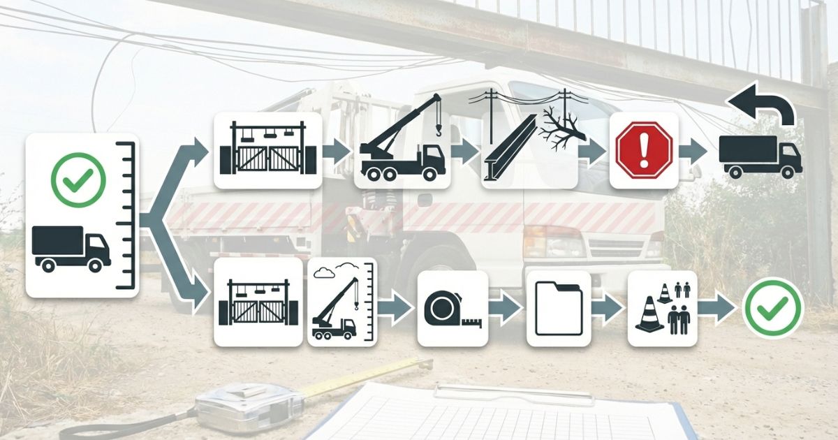 4tユニックで進入できても作業時の上空障害で吊れず中断と再手配になる失敗分岐の図解