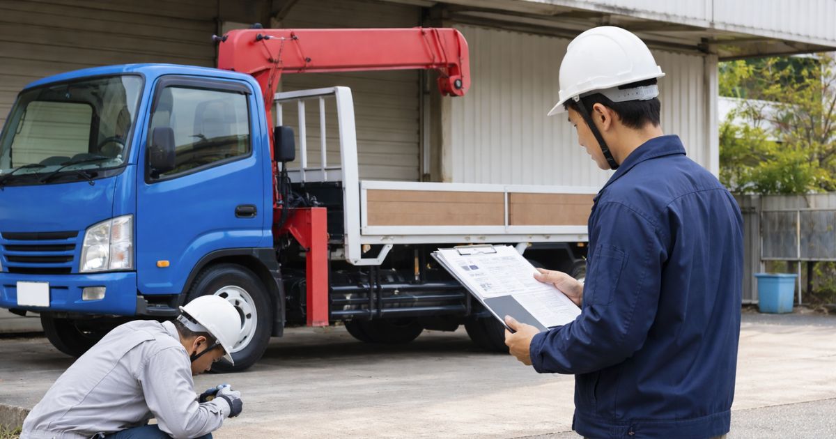 4tユニック売却前に車両状態と書類を確認している現場イメージ