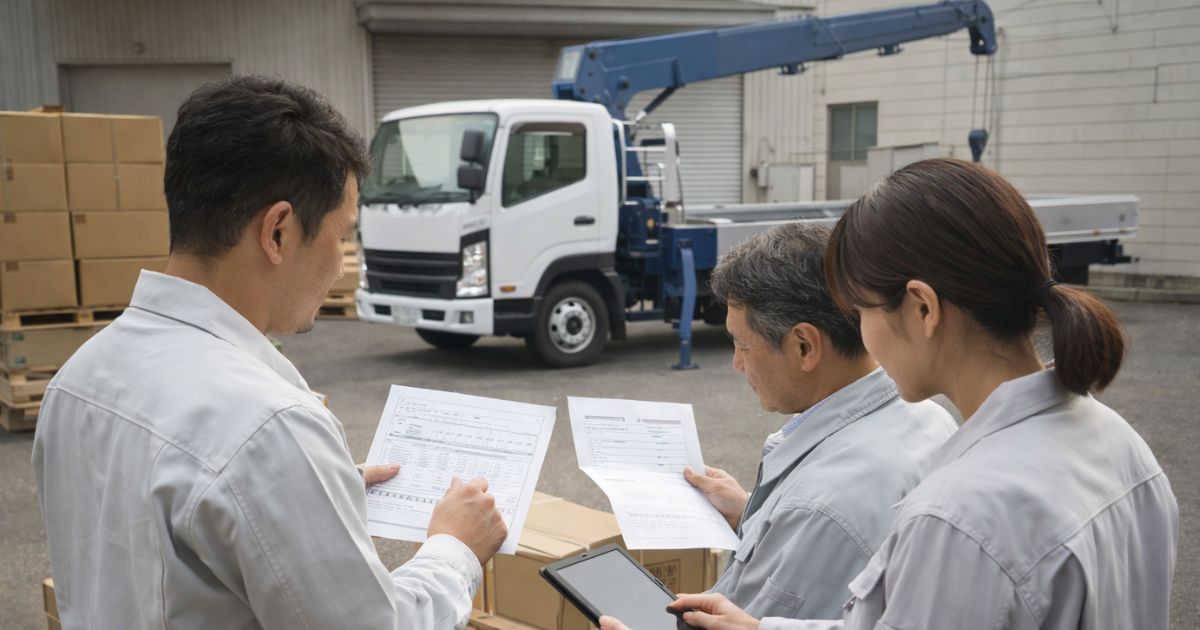 4tユニックの手配前に書類と荷物条件を確認している現場イメージ