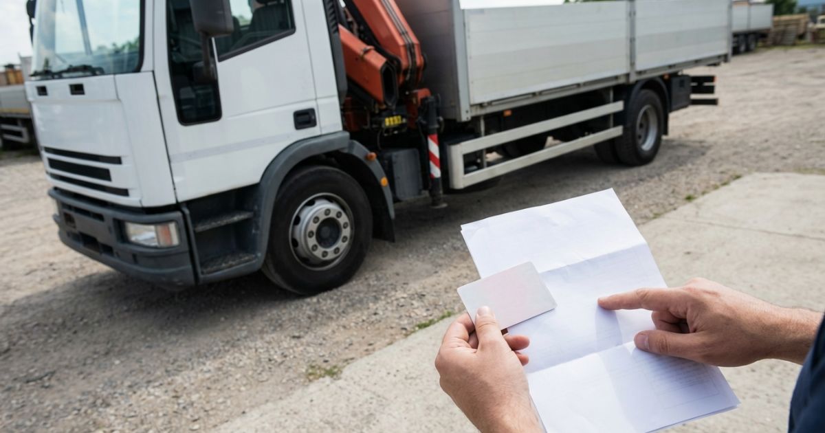 4tユニックの運転可否を免許証と車検証で確認しているイメージ写真