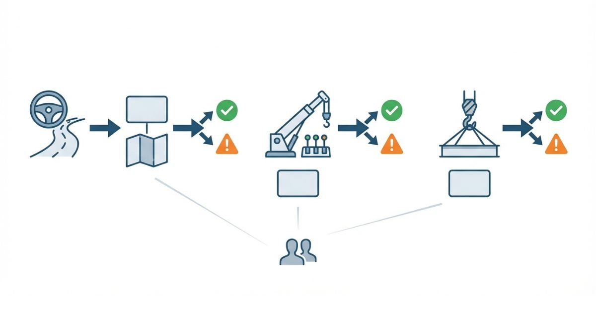  4tユニックは運転とクレーン操作と玉掛けを別判定で必要条件を揃える判断軸の図解