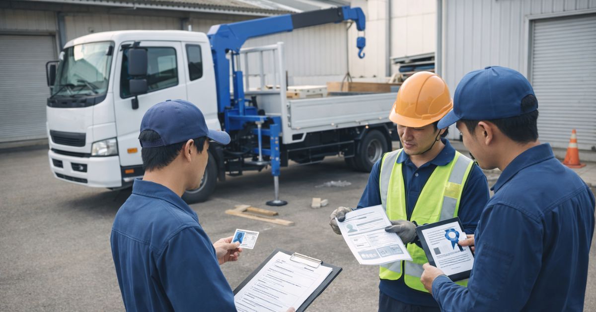 4tユニック作業前に免許や資格や役割分担を確認する現場イメージ