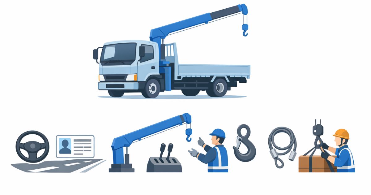 4tユニックで運転とクレーン操作と玉掛けを切り分けて見る比較図