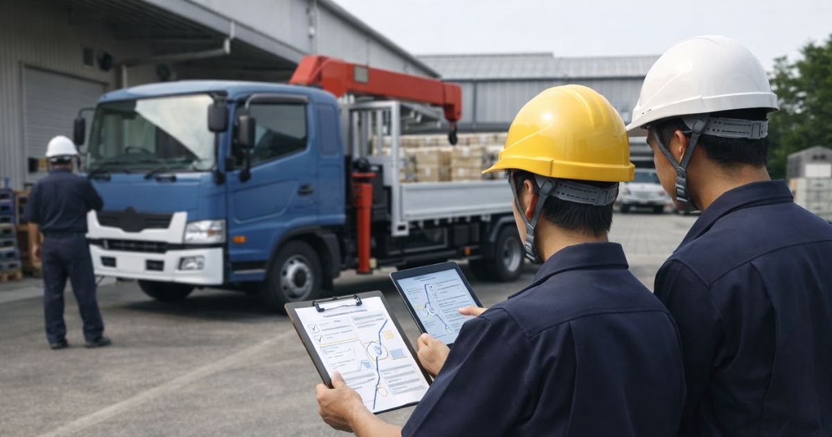 4tユニックの運行前に経路や待機方針を確認している現場イメージ