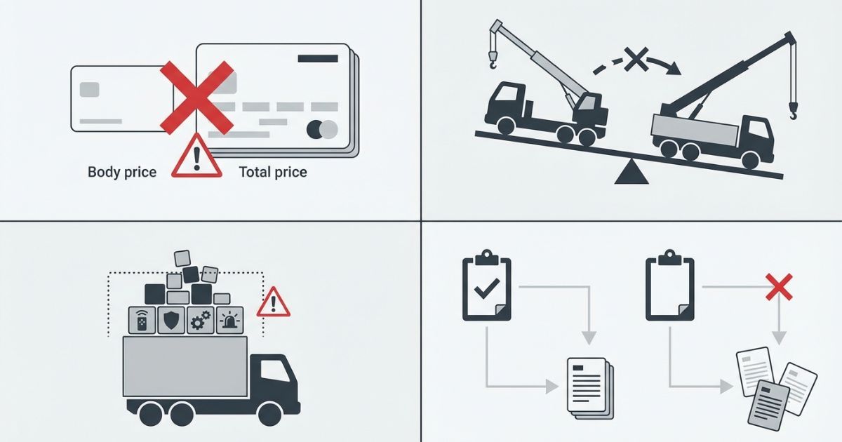 4tユニック新車価格で総額の取り違えや仕様不一致やオプション過剰で比較が崩れる失敗例と判断分岐の図解