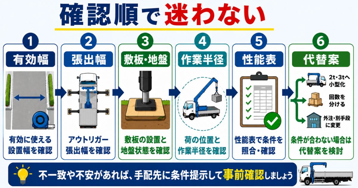 4tユニックのアウトリガー設置可否を有効幅、張出幅、敷板地盤、作業半径、性能表、代替案の順で確認する流れを示す図解