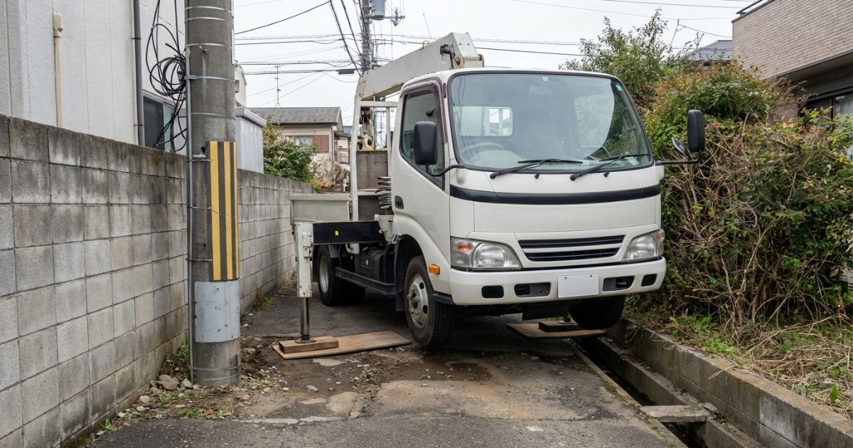 4tユニックのアウトリガー張り出し幅と敷板を含む設置状況が分かる写真