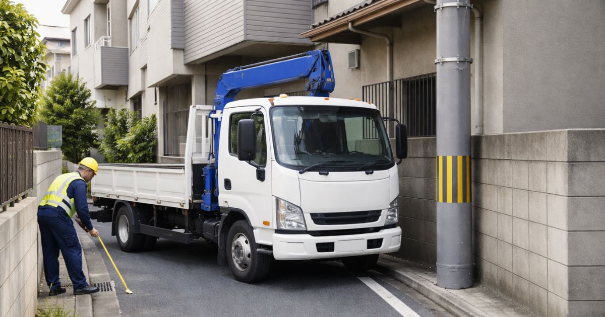 狭小地で4tユニックの設置余白を確認している現場イメージ