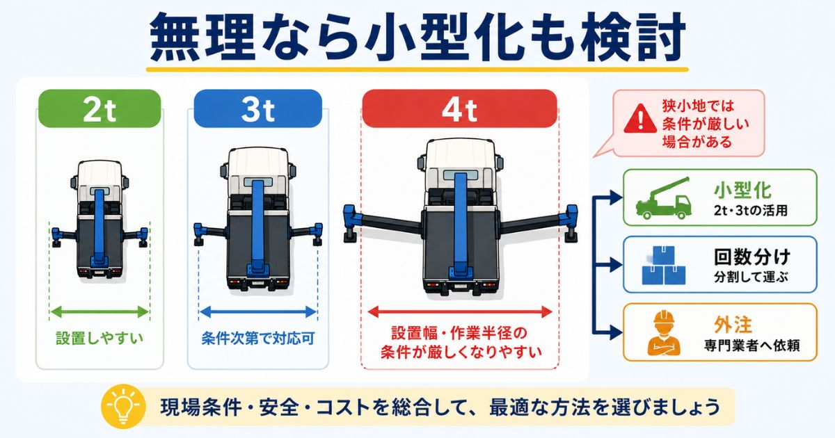 4tユニックで設置条件が厳しい場合に2tや3tへの小型化、外注を検討する流れを示す図解