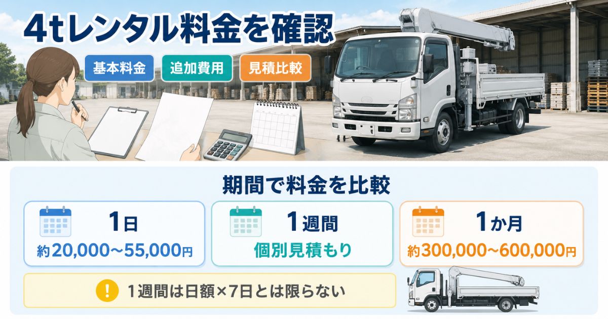4tクレーン付きトラックの1日・1週間・1か月のレンタル料金目安を比較した図解