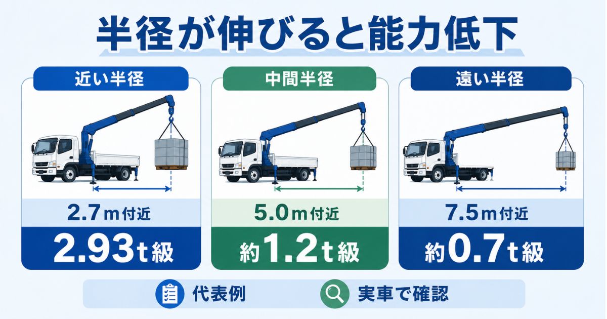 4tユニックは作業半径が伸びるほど吊れる重量が低下することを示した比較図解