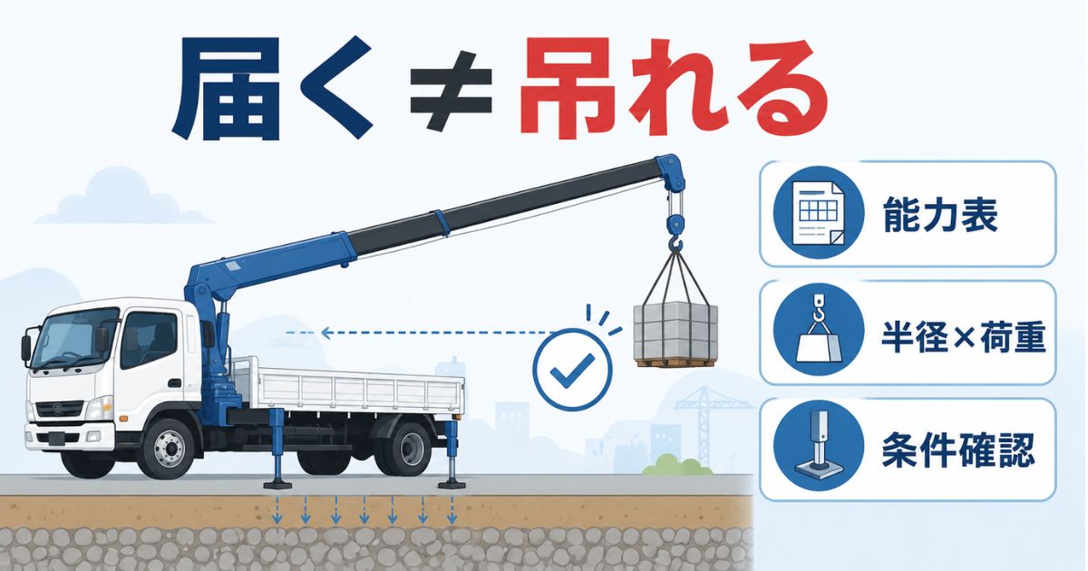 4tユニックの作業半径では届くことと吊れることが別である点を示した図解