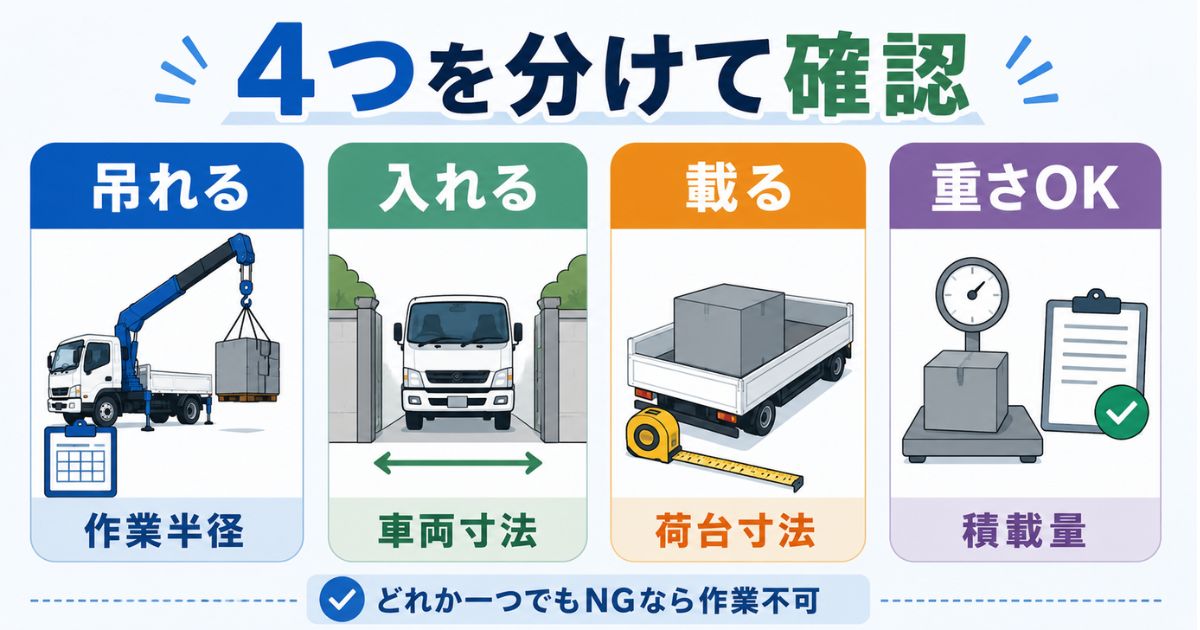 4tユニックの作業可否では作業半径だけでなく寸法や積載量も確認する必要があることを示した図解