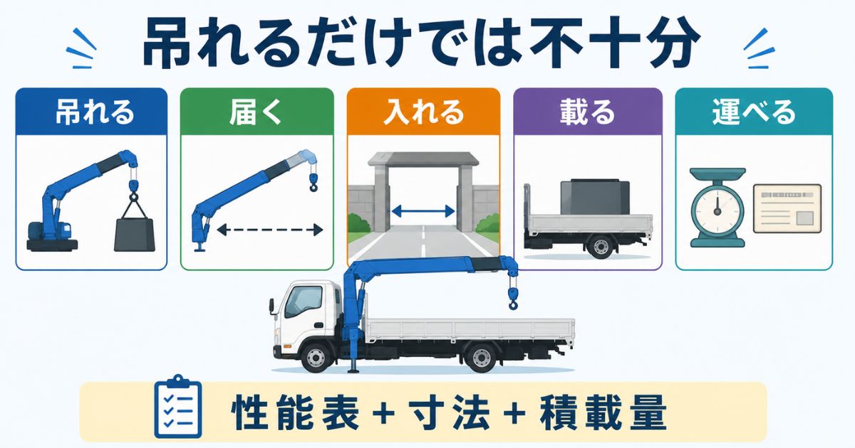4tユニックは吊り能力だけでなく寸法や積載量も確認する必要があることを示す図解