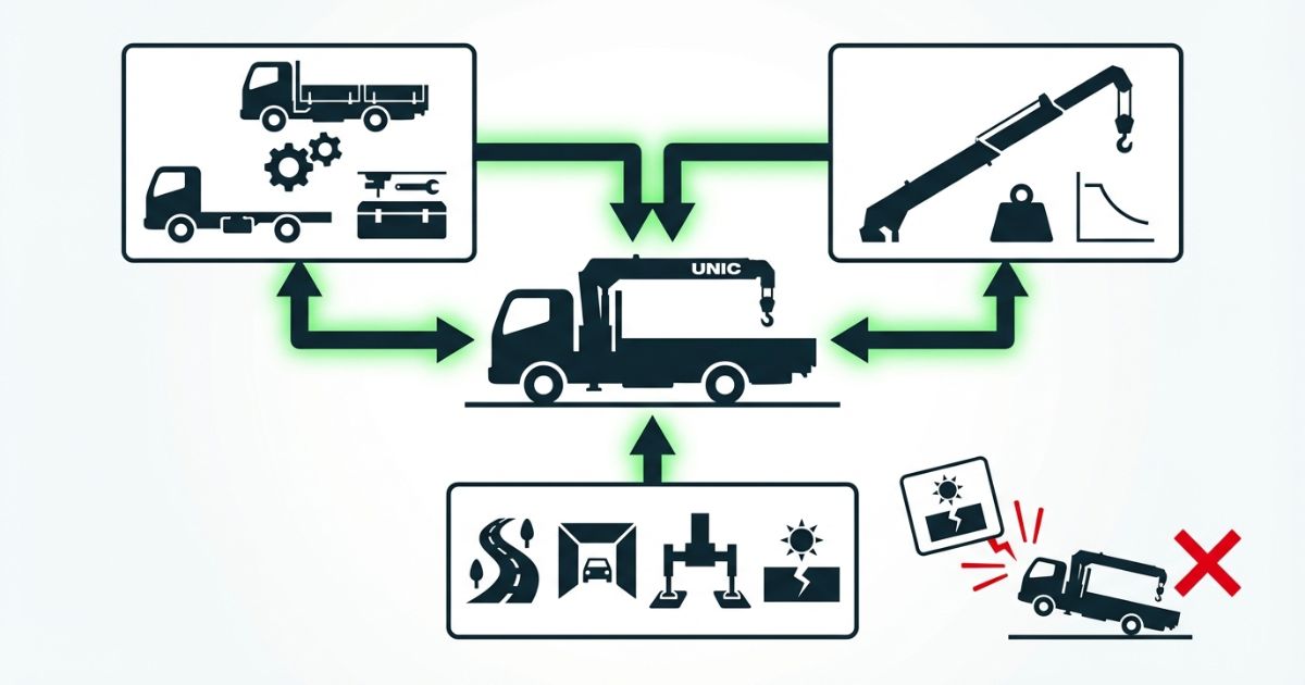4tユニック車を構成・仕様・現場条件の3軸で選ぶ判断軸を示す図解