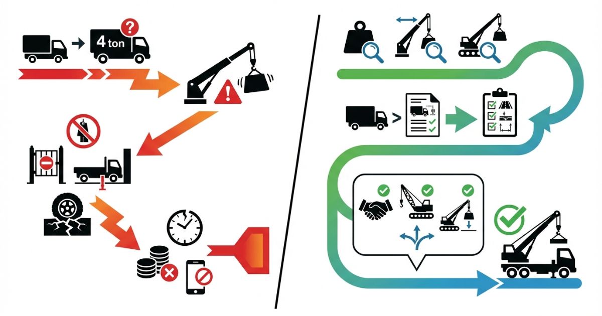 4tユニック車で失敗する典型と回避の判断分岐を示す図解
