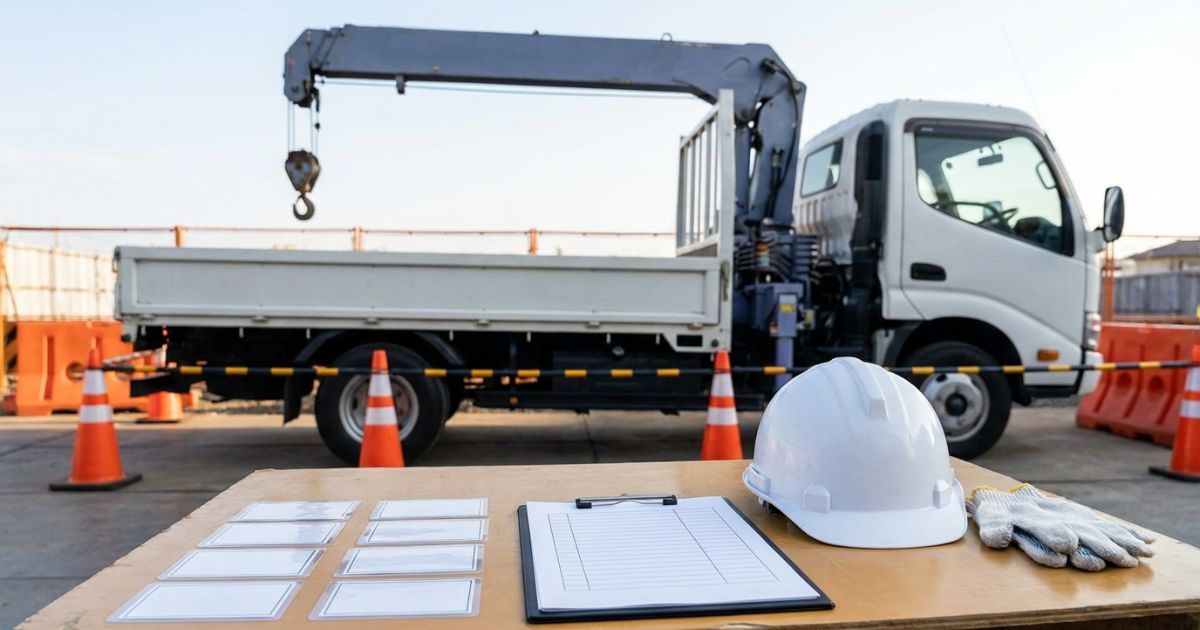 4tユニックの吊り作業前に資格証明と段取りを確認している現場イメージ写真