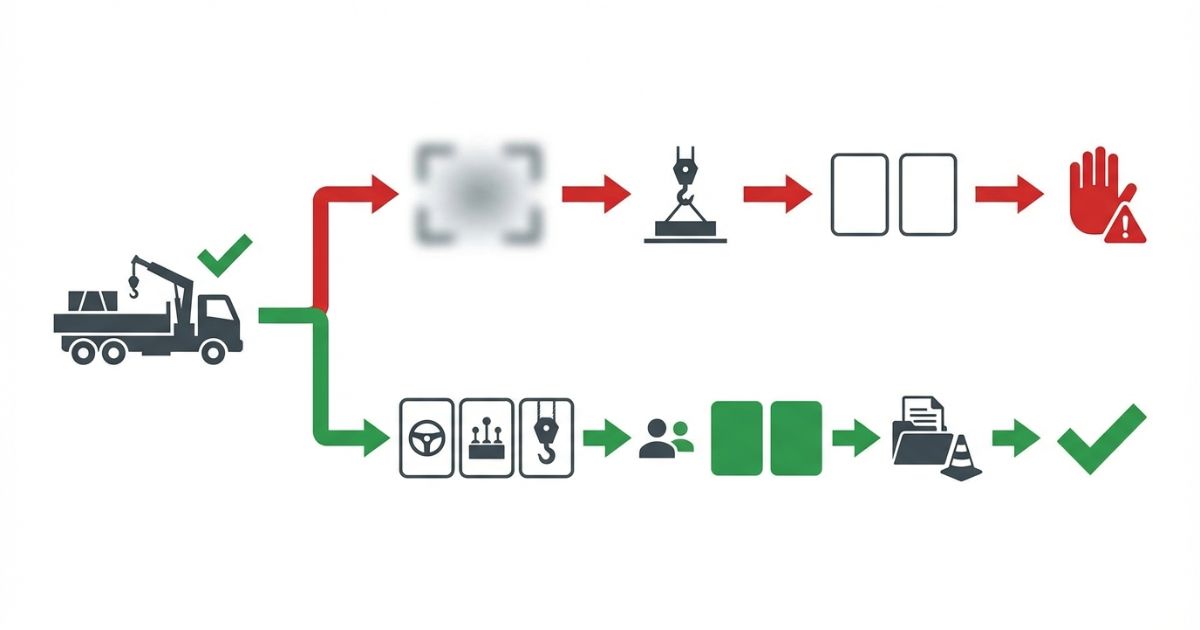 4tユニックで運搬だけの想定が崩れて当日吊り作業が追加され資格不足で中断する失敗分岐の図解
