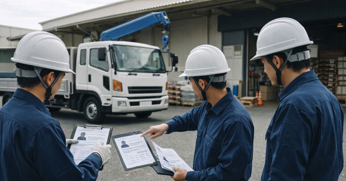 4tユニック作業前に担当者が資格と役割分担を確認する現場イメージ