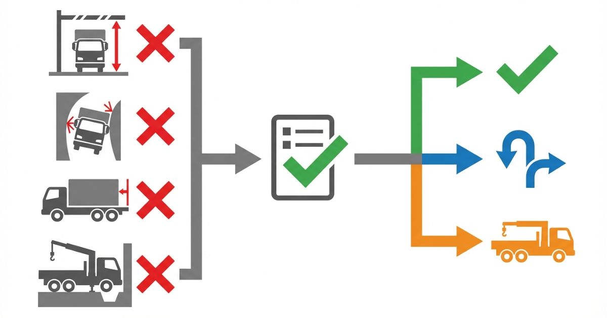 寸法の見落としで起きる進入不可や荷台不足やアウトリガー不成立の失敗と回避分岐の図解