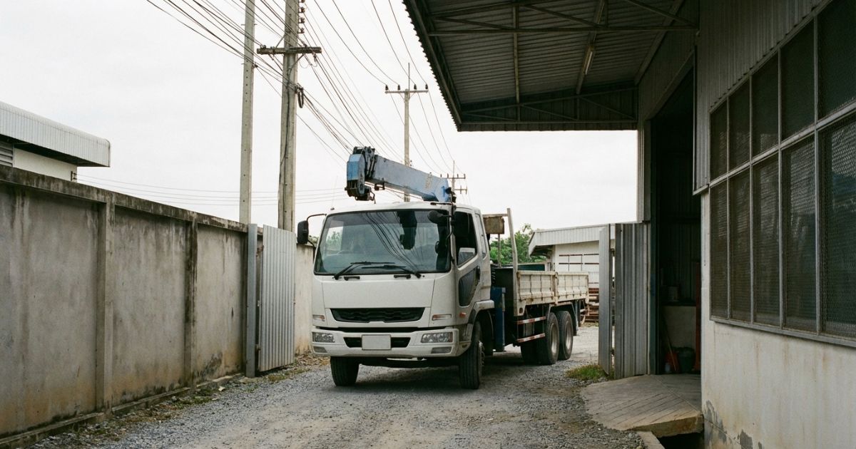 4tユニックの全長・全幅・全高のスケール感と進入制約が分かる現場イメージ写真
