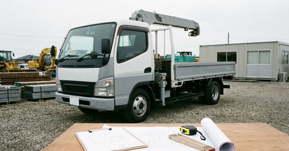 4tユニックの寸法図を使って事前確認する状況が伝わる写真