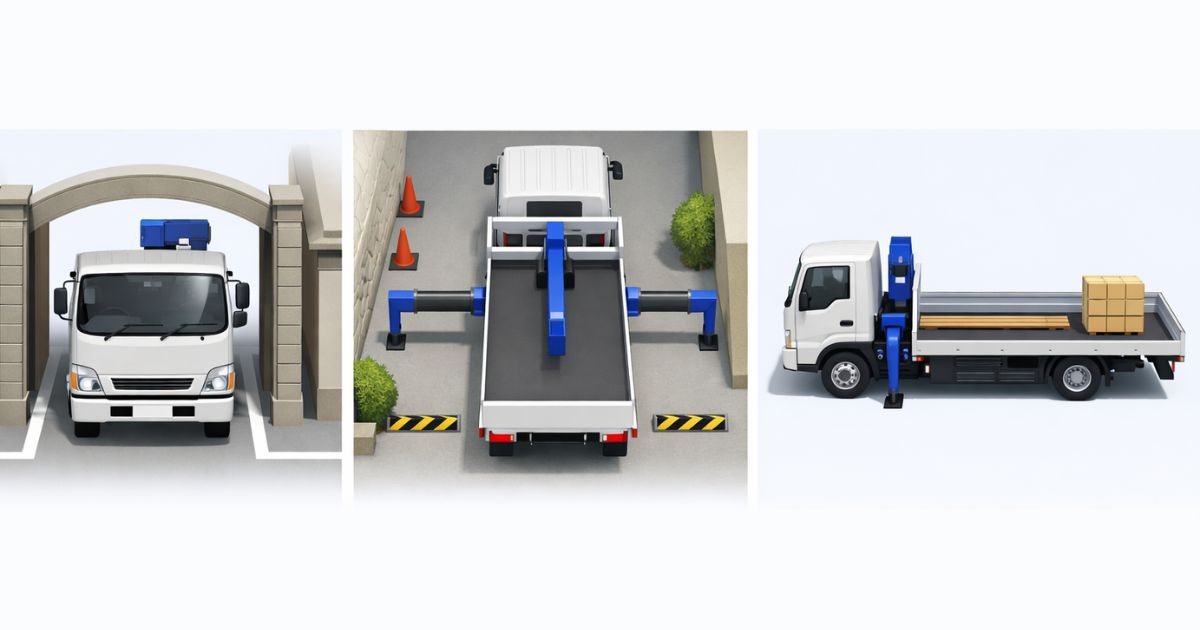 4tユニックの寸法図で確認する進入・設置・荷台成立の比較図