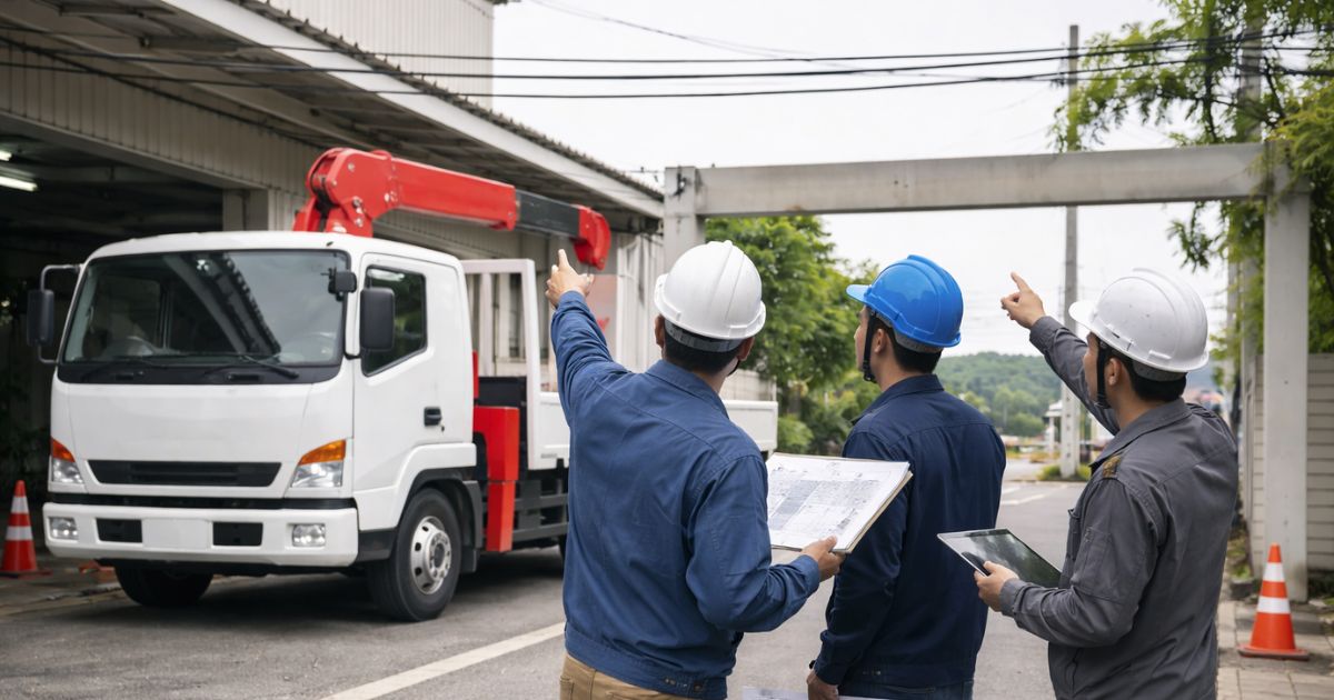 4tユニックの上空障害と進入条件を現場で確認している様子