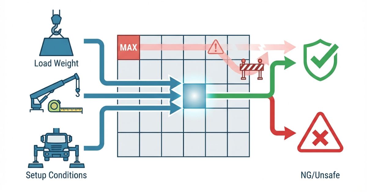 定格荷重表は作業半径と設置条件に対応するセルで判断する要点図解