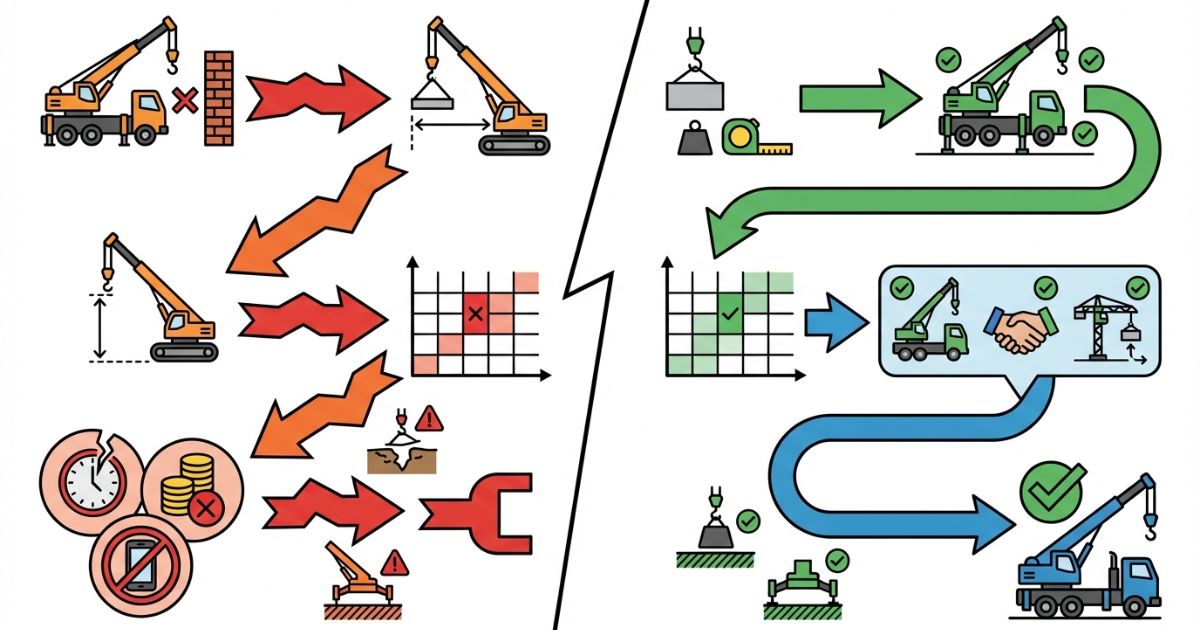 作業半径のズレで能力不足になる失敗例と安全側の判断分岐の図解