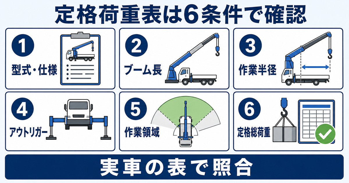 型式・仕様、ブーム長、作業半径、アウトリガー、作業領域、定格総荷重の6条件を確認する図解