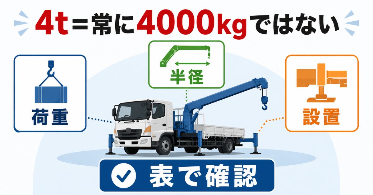 4tユニックは4,000kgを常に吊れるわけではなく荷重・半径・設置条件で判断する図解
