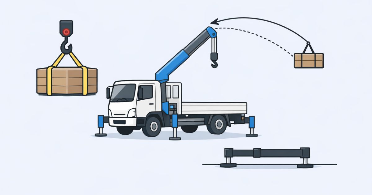 4tユニックの定格荷重判断で確認すべき3要素を示した図解