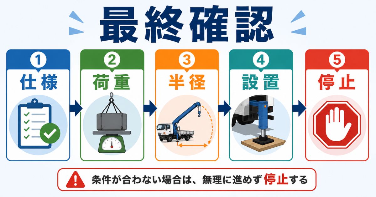 4tユニック作業前に仕様・荷重・半径・設置条件を確認し停止判断する安全フロー図解