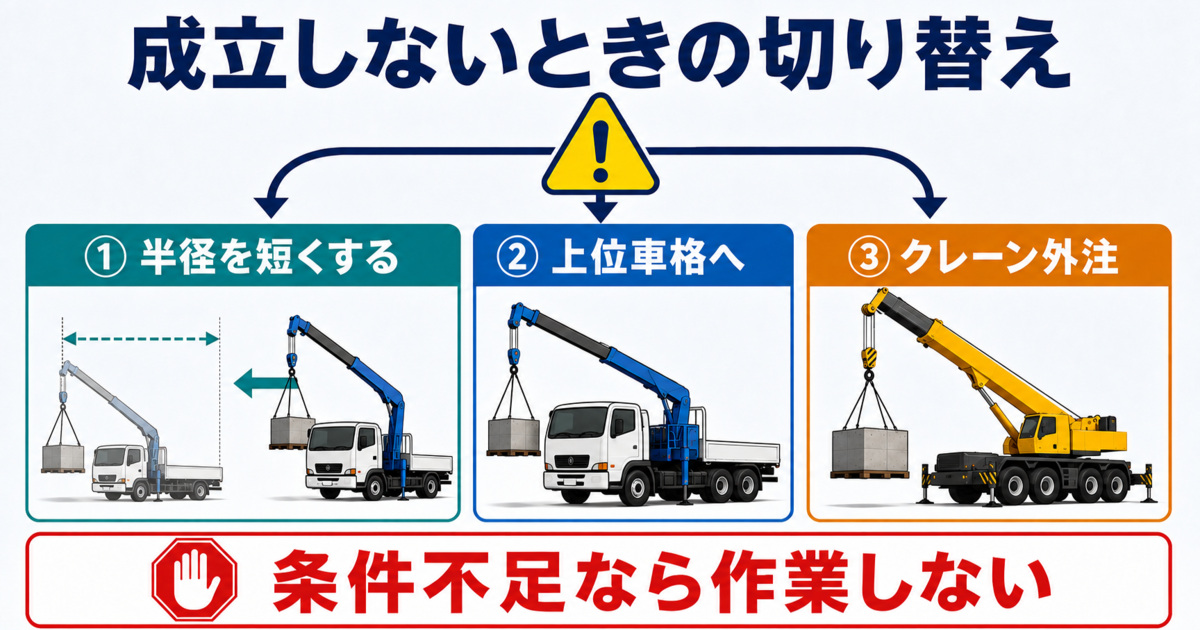 4tユニックで吊り上げが成立しない場合に作業半径の短縮・上位車格・別方式を検討する図解