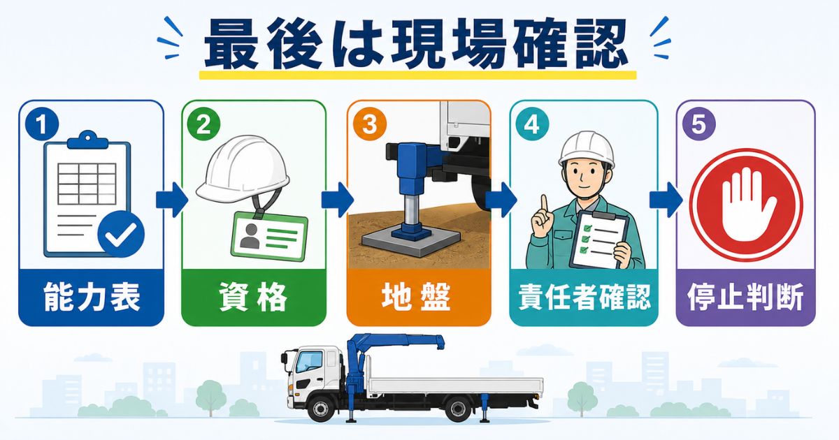 4tユニックの吊り上げ作業前に能力表資格地盤責任者確認を行う流れを示す図解