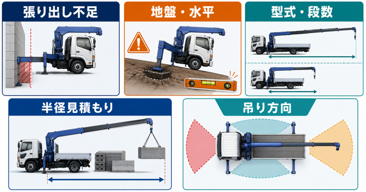 4tユニックで吊り上げ作業が成立しない主な原因を示す図解