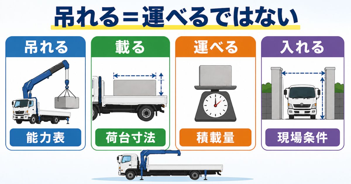 4tユニックでは吊れる載る運べる入れるを別々に確認する必要があることを示す図解
