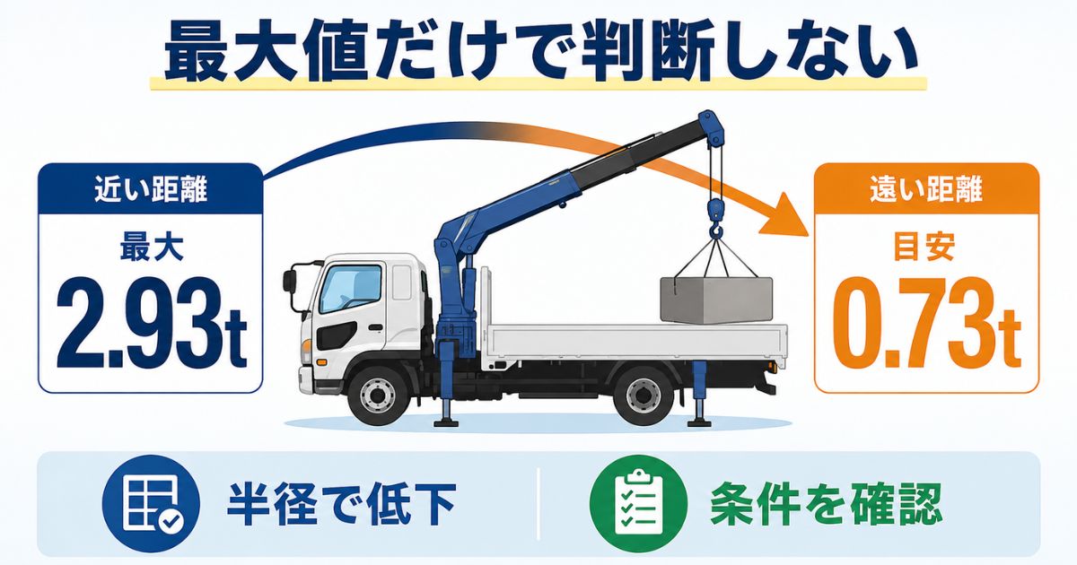 4tユニックは最大吊り上げ荷重だけで判断せず作業半径と条件確認が必要なことを示す図解