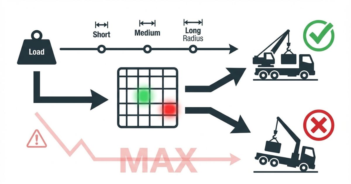 4tユニックは作業半径ごとに吊り上げ荷重が変わる判断軸を示す図解